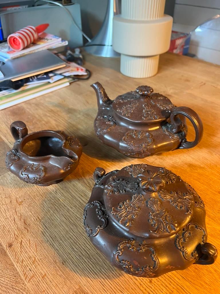 Antiek rouwservies theepot, suikerpot en melkkan, Antiek en Kunst, Antiek | Servies compleet, Ophalen of Verzenden