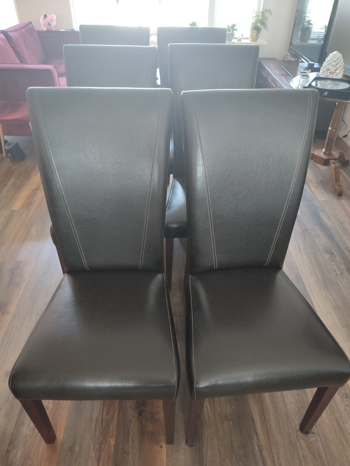 6 donkerbruine eetkamerstoelen leder, Ophalen, Gebruikt, Bruin, Koloniaal