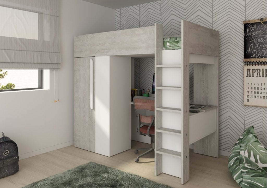 Studio 1809 hoogslaper met bureau en kast - 90x200 - Wit/cas, Niet ingevuld, Niet ingevuld, Niet ingevuld