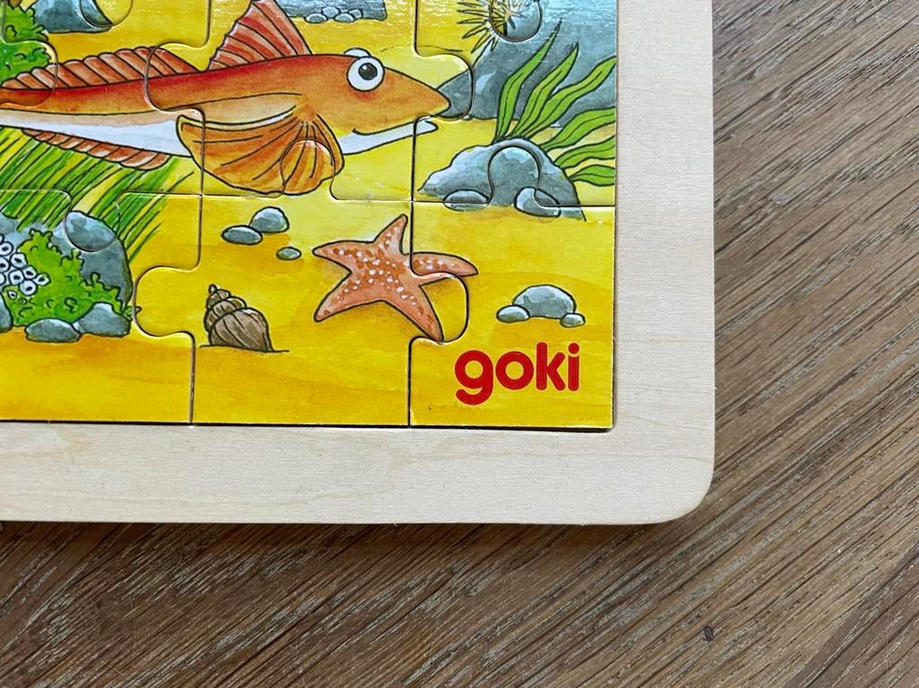 Houten puzzel Goki met dieren, Kinderen en Baby's, Speelgoed | Kinderpuzzels, 2 tot 4 jaar, Gebruikt, 10 tot 50 stukjes, Ophalen of Verzenden