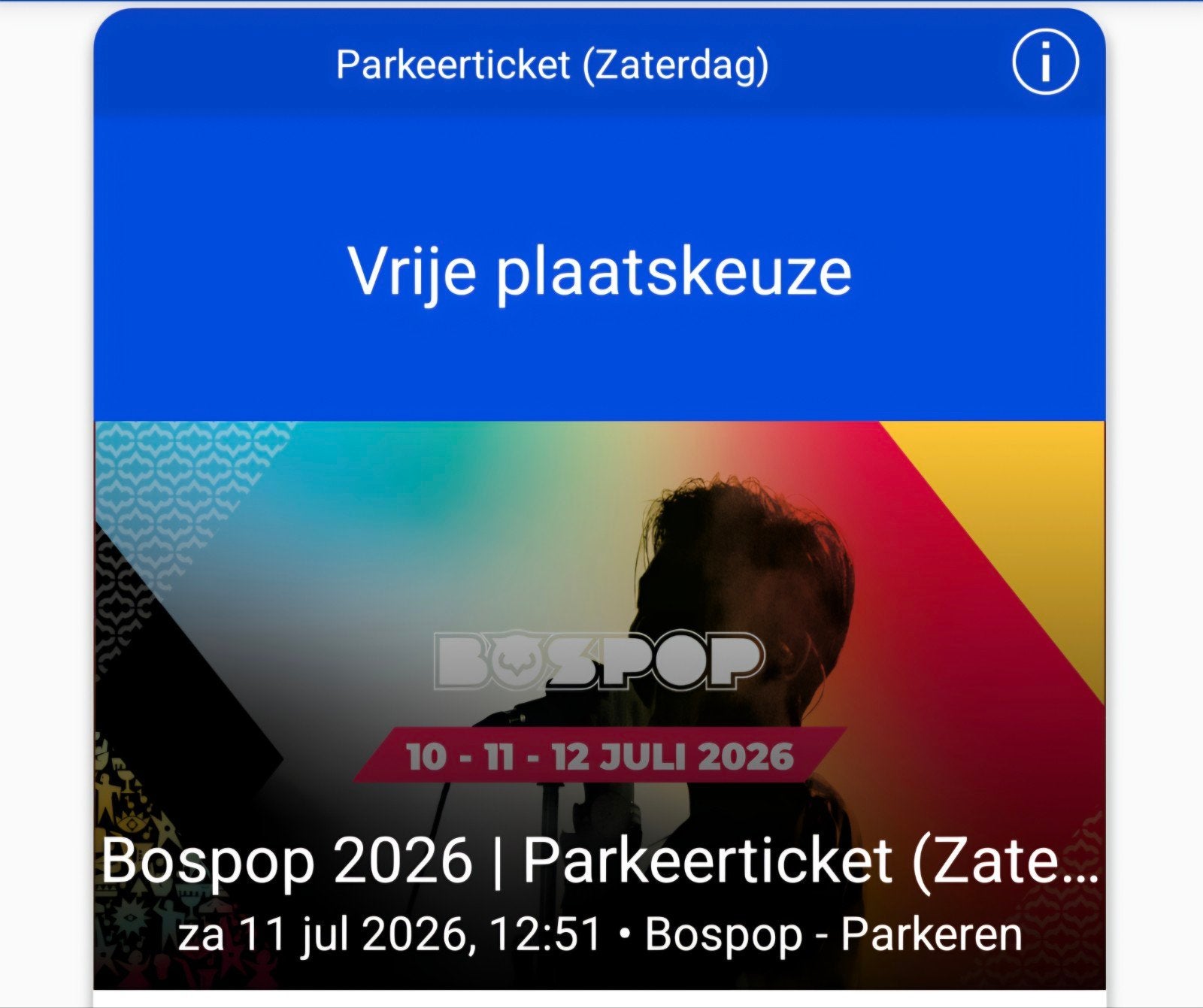 Parkeerkaart zaterdag Bospop, Tickets en Kaartjes, Concerten | Dance, Eén persoon