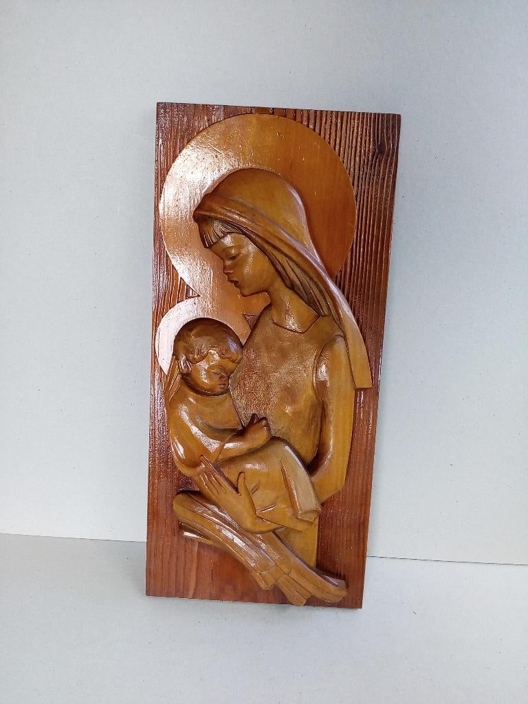 .Madonna met kind. Houtsnijwerk Wanddecoratie. Vintage., Ophalen of Verzenden