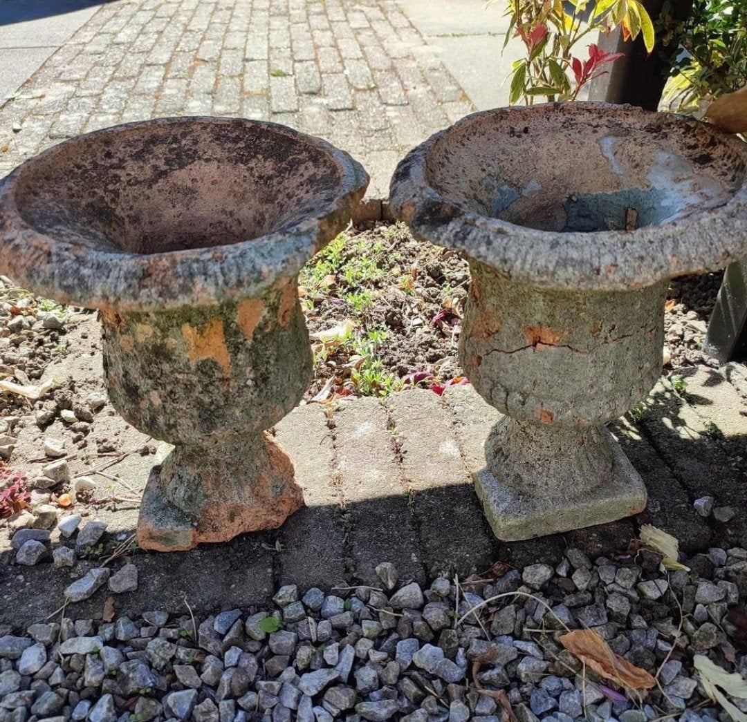 2 brocante, vintage tuinvazen bloempotten 30 cm, Tuin en Terras, Ophalen of Verzenden, Gebruikt