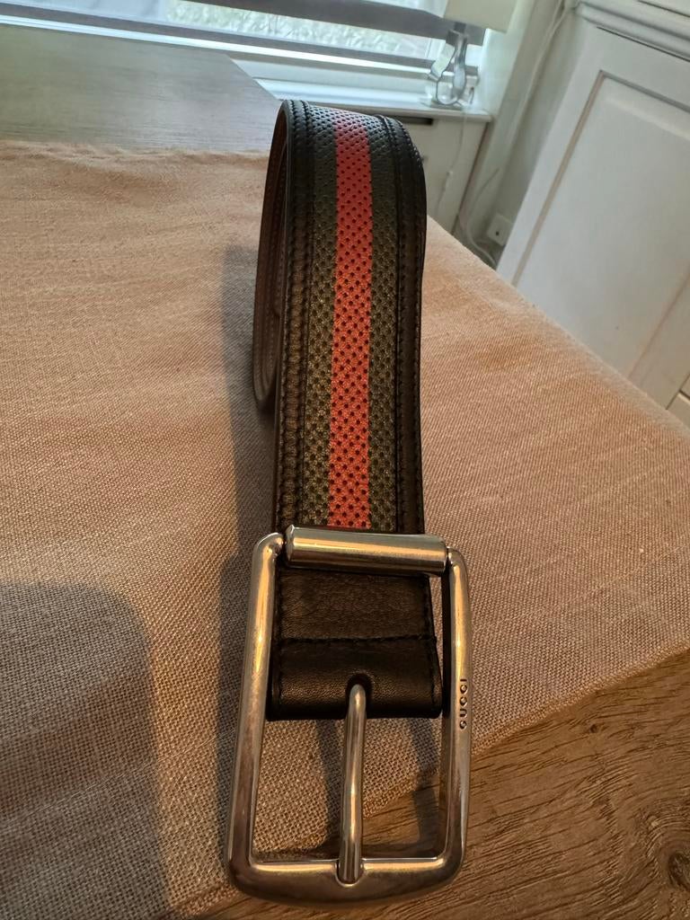 Gucci Riem Heren - Zwart Leer met Webstreep - Maat 100, Ophalen of Verzenden, Zo goed als nieuw, Zwart, 100 cm of meer
