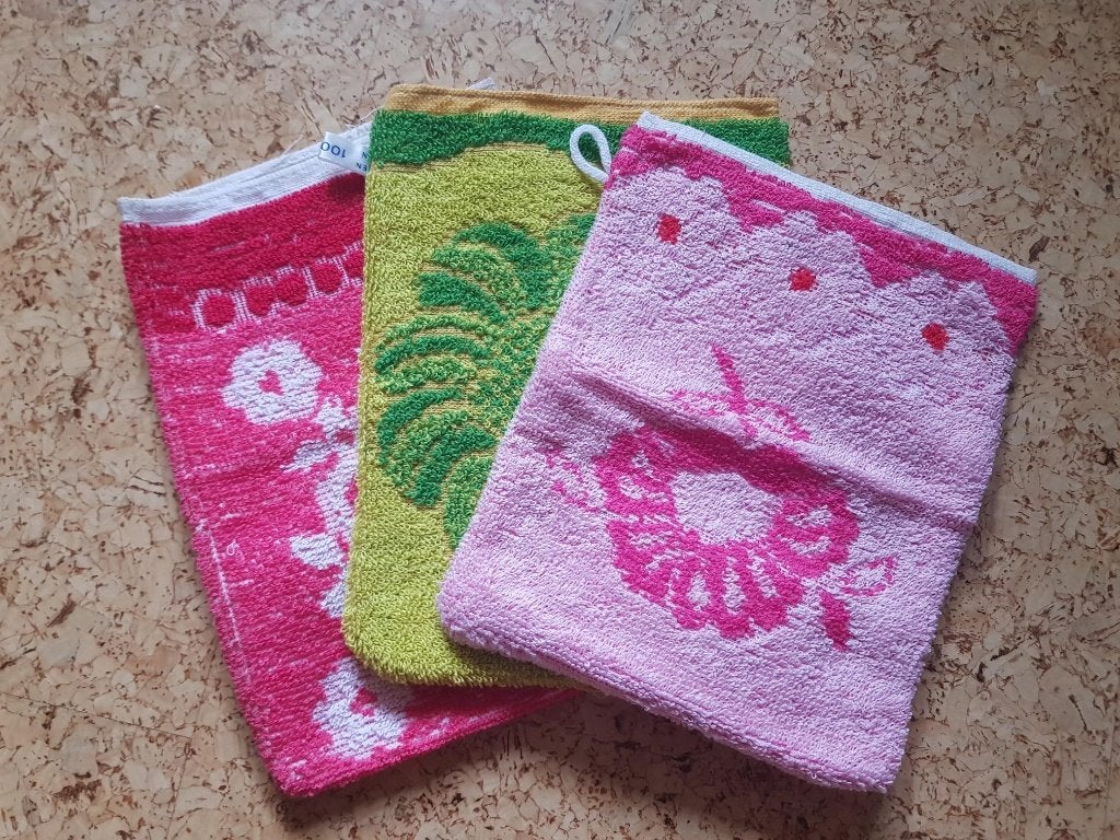 3 retro vintage washandjes nieuw roze groen bad textiel, Ophalen of Verzenden, Gebruikt, Meerkleurig, Overige typen