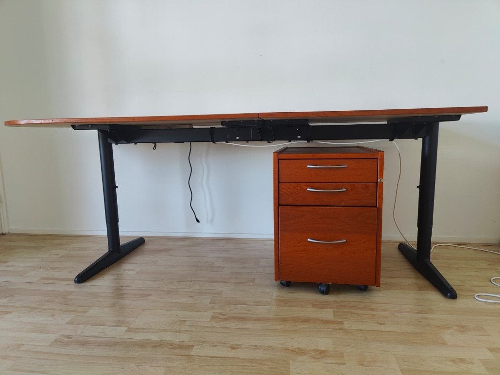 Ikea Galant bureau (verstelbaar) + ladenblok kersen 210x80, Ophalen, Gebruikt, In hoogte verstelbaar, 210 cm