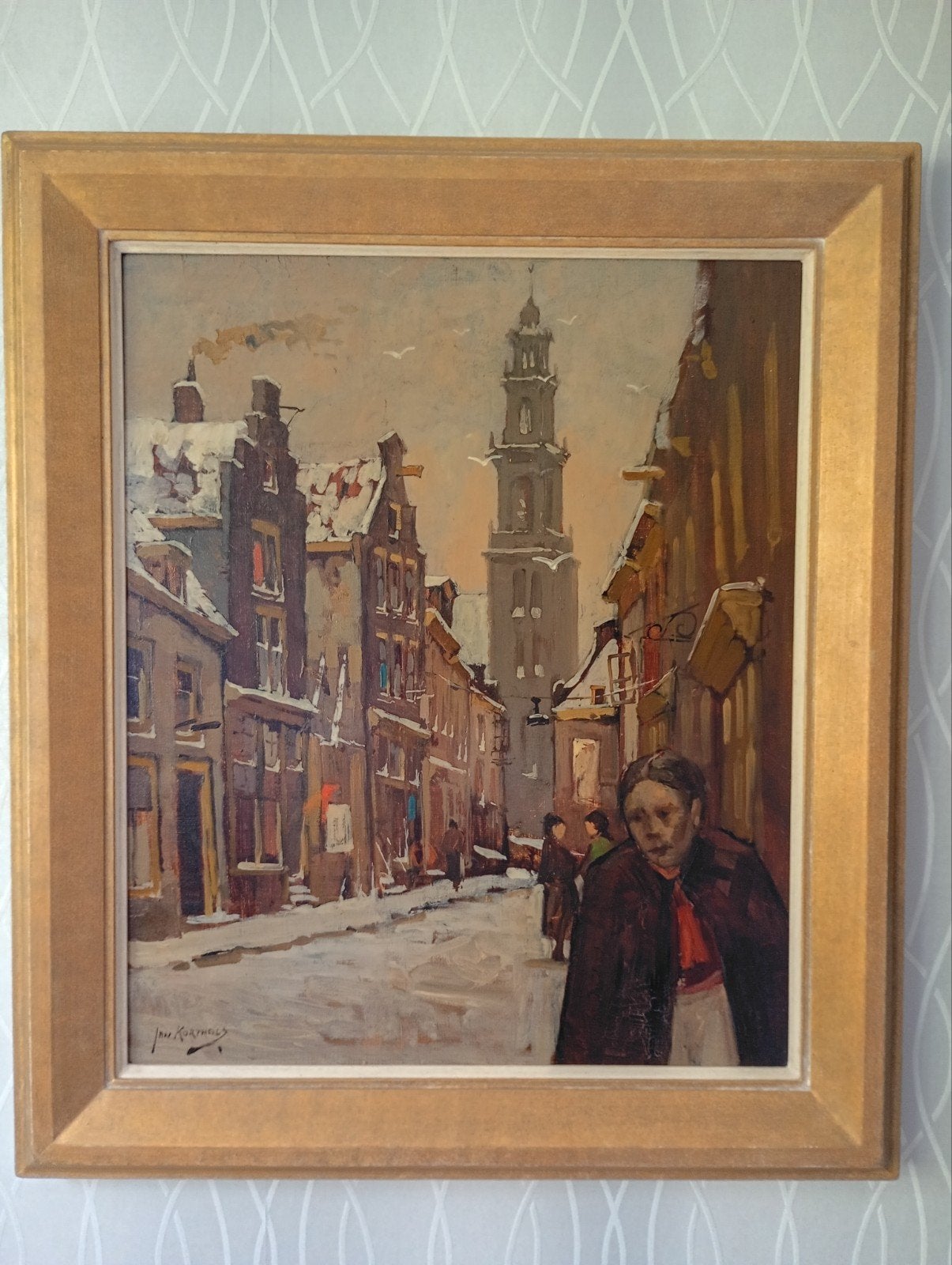 Jan Korthals - Winterzicht Westertoren Jordaan (Olieverf), Antiek en Kunst, Bijzondere lijst, Doek, Impressionistisch, Ophalen of Verzenden