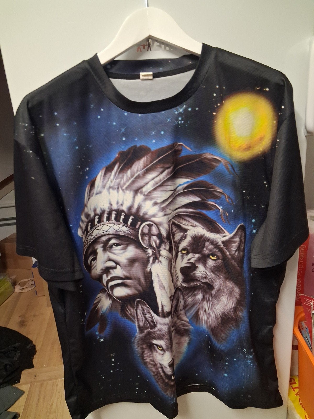 T-shirt met Native American en wolven print, Onbekend, Zwart, Overige maten, Ophalen of Verzenden