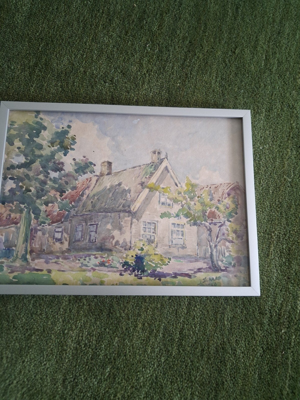 Sfeervolle aquarel van een huisje, gesigneerd J. Schaap, Antiek en Kunst, Realistisch, Ophalen of Verzenden, Gesigneerd, Aquarel