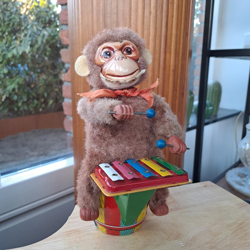 Antiek speelgoed aap op xylofoon 23cm blik, Ophalen of Verzenden