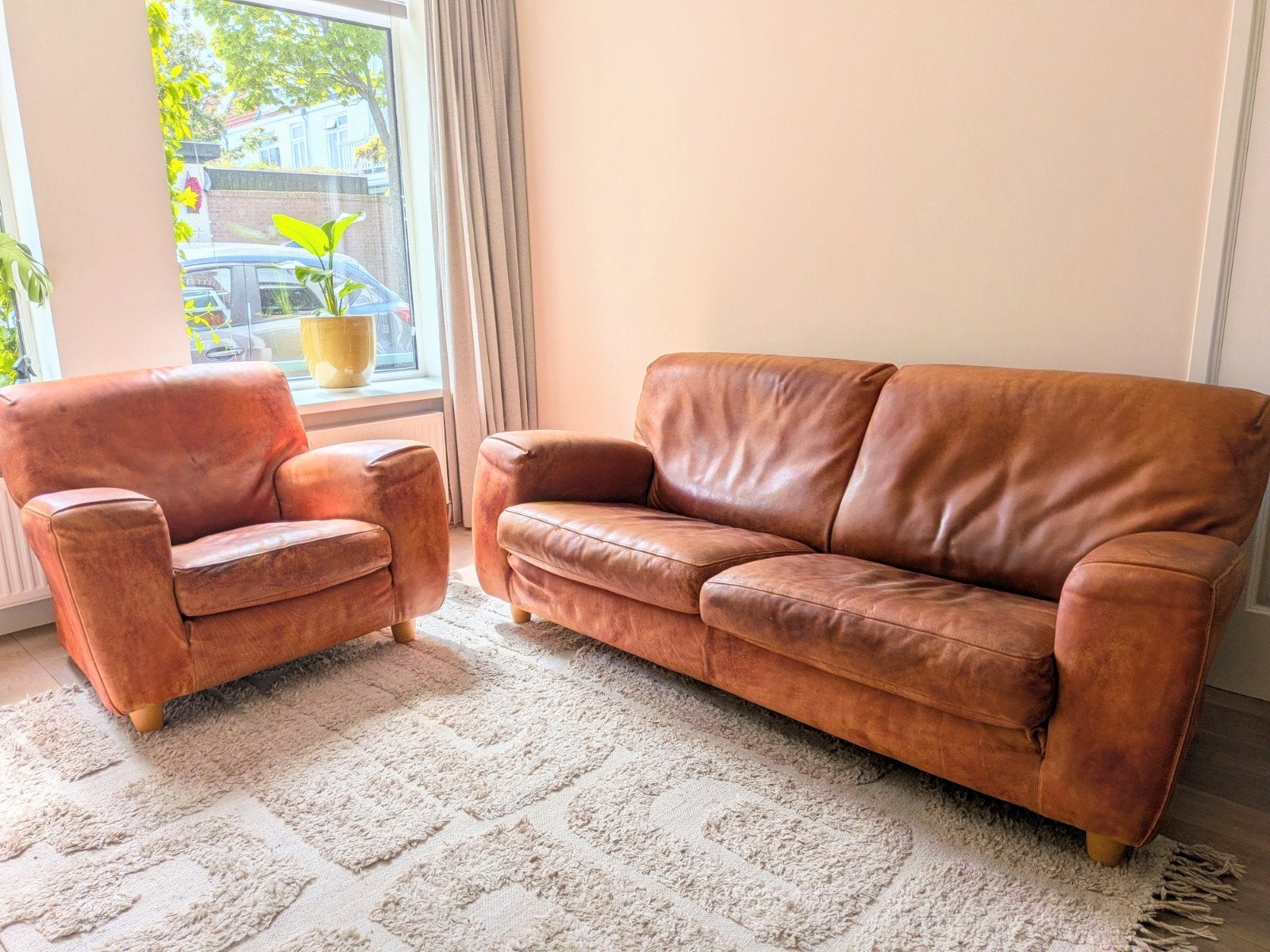 Molinari leren bank en fauteuil set - Italiaans design, Huis en Inrichting, Banken | Bankstellen, Ophalen, Gebruikt, Vintage, Design, klassiek, Italiaans