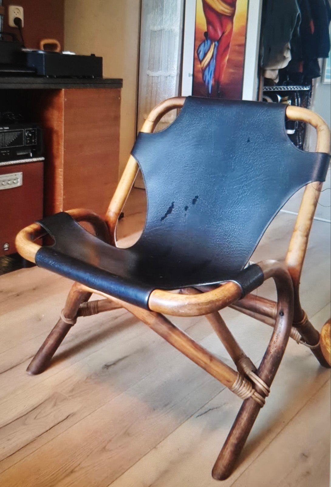 VINTAGE  zwart leer en bamboe stoel, Huis en Inrichting, Ophalen, Gebruikt, Vintage, Leer