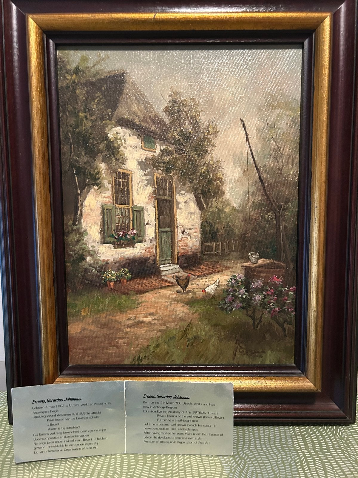 Schilderij G.J. Ermens - Boerderij met kippen, Doek, Realistisch, Ophalen of Verzenden, Gesigneerd