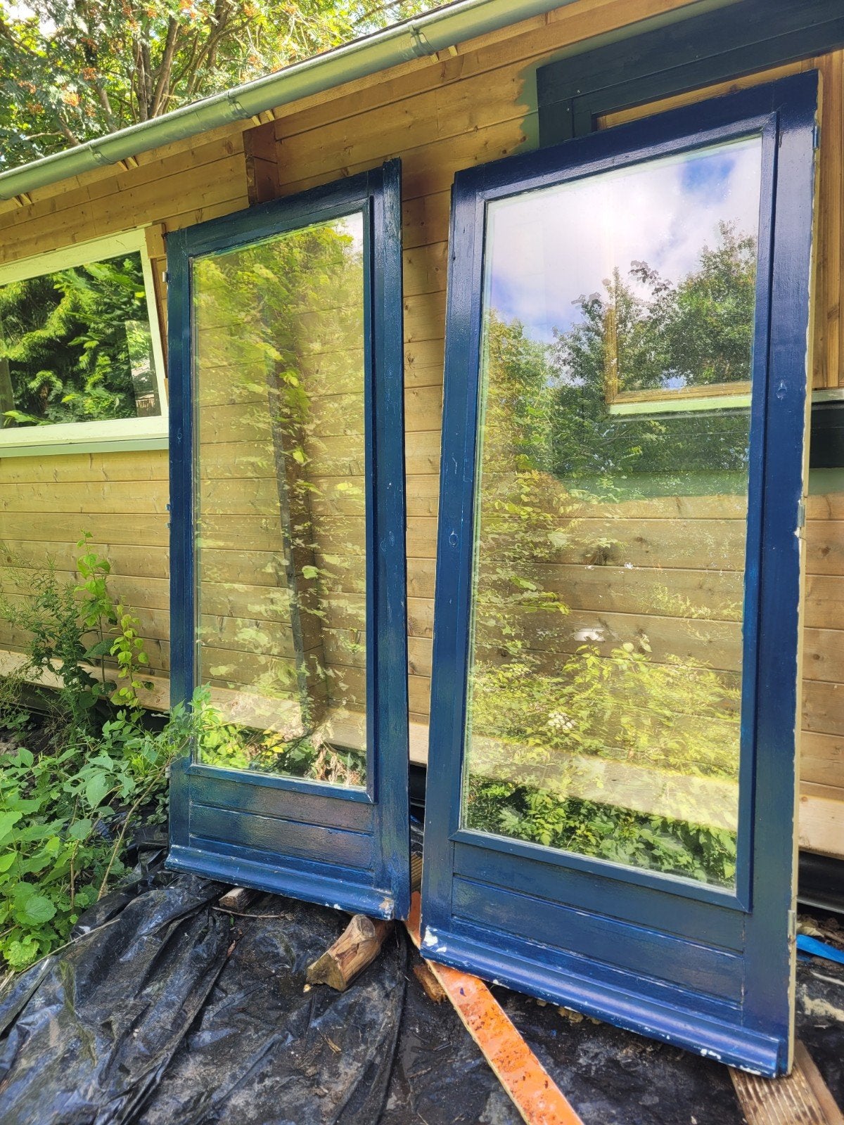 Openslaande deuren hardhout dubbel glas, Ophalen, Gebruikt, Deurkozijn, 150 tot 225 cm