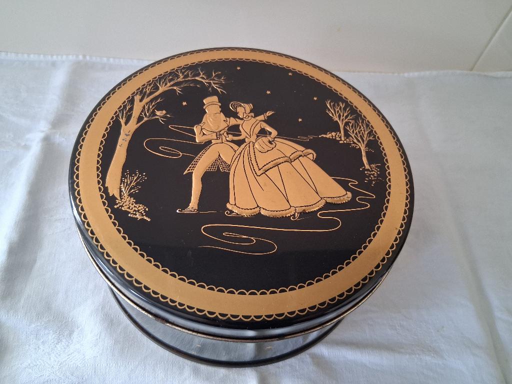 Vintage koekjestrommel zwart met goud *eureka*, Ophalen of Verzenden, Zo goed als nieuw, Koek(jes)