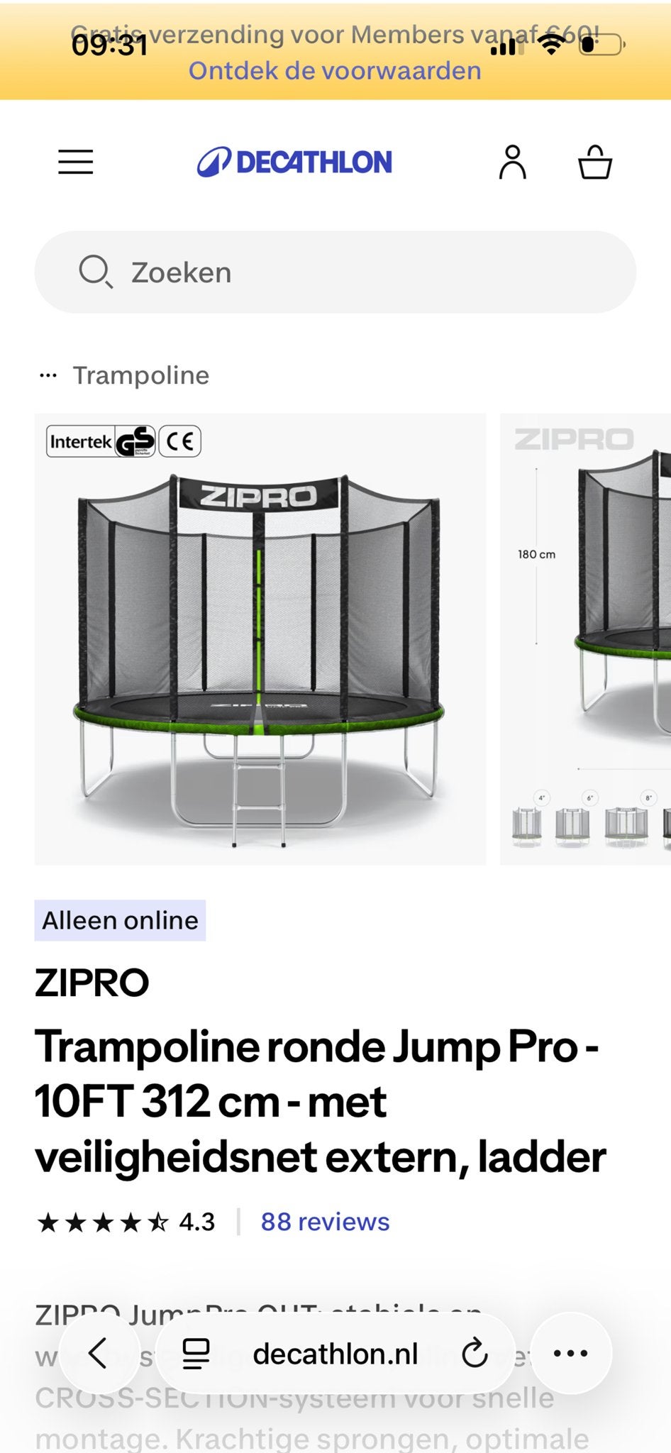 Zipro trampoline 312 cm met veiligheidsne, Ophalen, Zo goed als nieuw