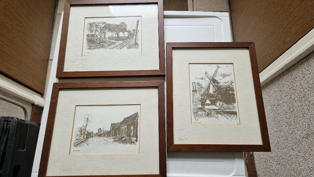 Set van 3 ingelijste tekeningen - Vrede oord-dorpstraat, Ophalen of Verzenden
