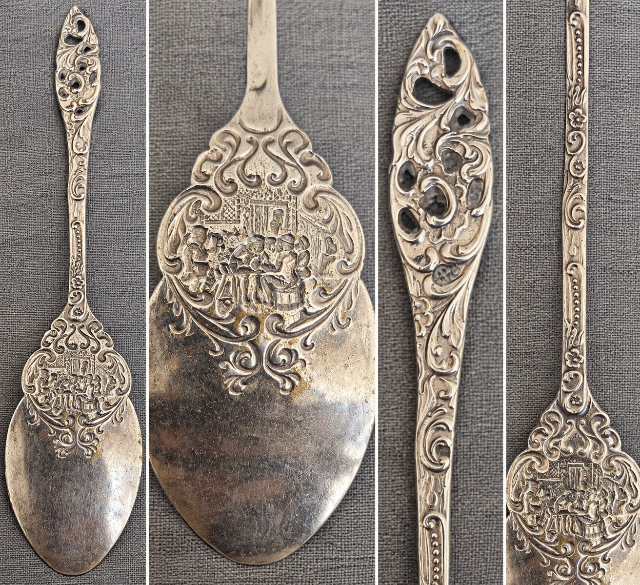 Vintage rijk versierde zilverkleurige lepel – antiek, Ophalen of Verzenden
