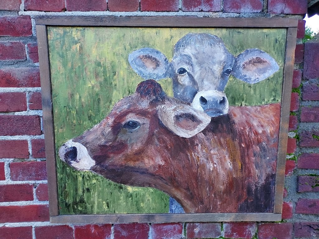 Schilderij met 2 koeien, bruin en grijs., Ophalen of Verzenden, Olieverf, Textiel, Dieren