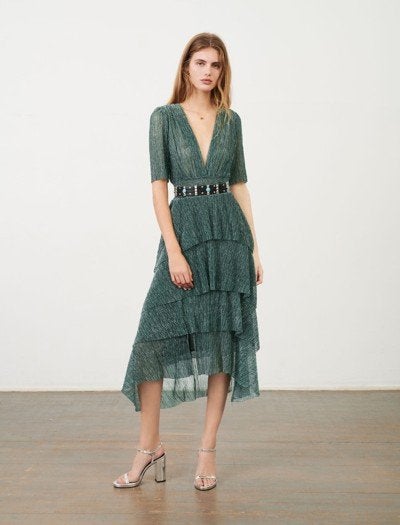 Maje Elegante Groene Gelaagde Jurk met V-hals, Maat 38/40 (M), Ophalen of Verzenden, Maje, Gedragen