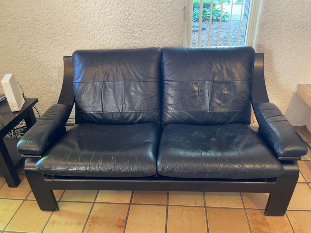 Zwarte leren 2-zitsbank en 2 relax fauteuils, Ophalen, Strak, 150 tot 200 cm, Tweepersoons