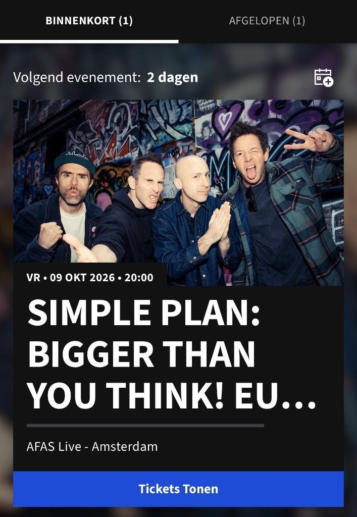 2x Simple Plan – AFAS Live Amsterdam (as vrijdag 9-10), Tickets en Kaartjes, Twee personen, Oktober