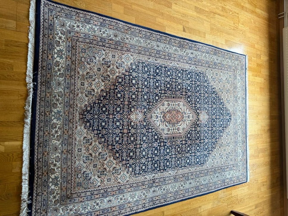 Prachtig wollen kleed met Oosters patroon, Ophalen, Blauw, Zo goed als nieuw, 200 cm of meer