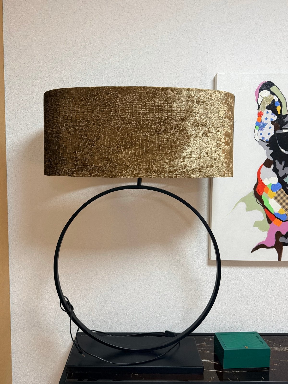 Luxe Eric Kuster Stijl Ring Tafellamp met Krokoprint Kap, Ophalen, Metaal, Modern, Sfeerlamp