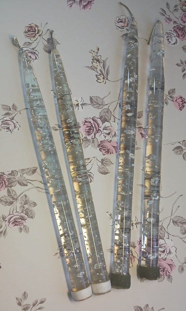 Vintage Lucite confetti kaarsen met zilveren spikkels, Ophalen of Verzenden, Gebruikt, Overige materialen, Kaars