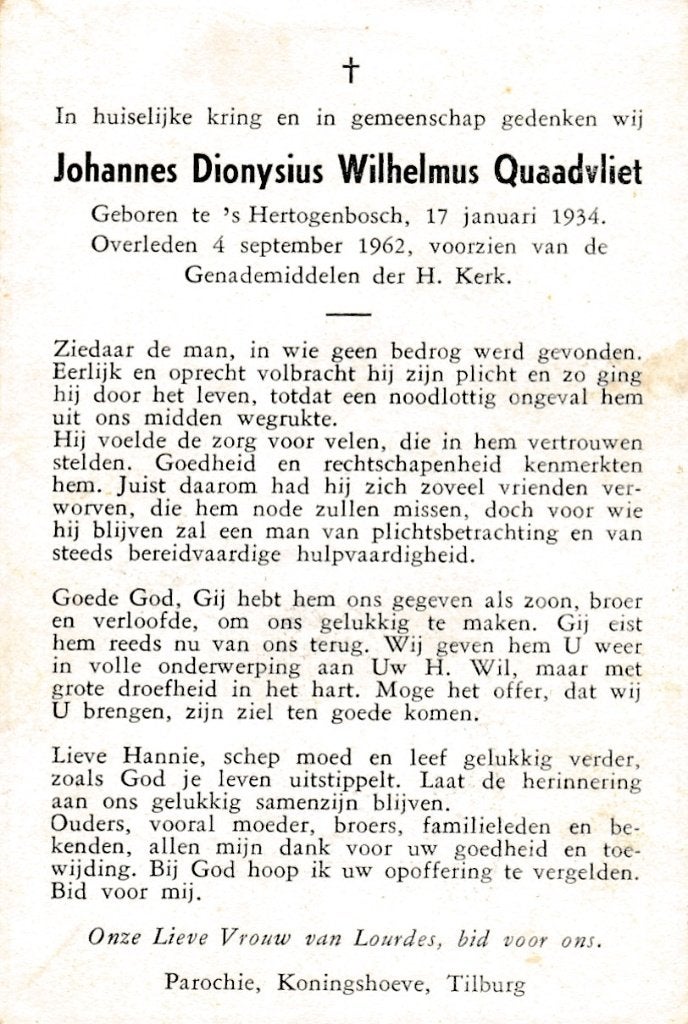Quaadvliet Johannes 1934 Den Bosch 1962, Verzamelen, Bidprentjes en Rouwkaarten, Ophalen of Verzenden, Bidprentje