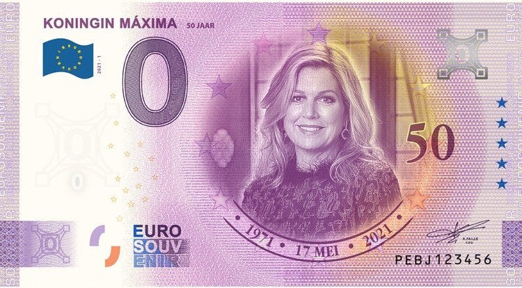 0 Euro biljet Koningin Maxima 50 jaar 2021, Ophalen of Verzenden, Overige landen, 5 euro
