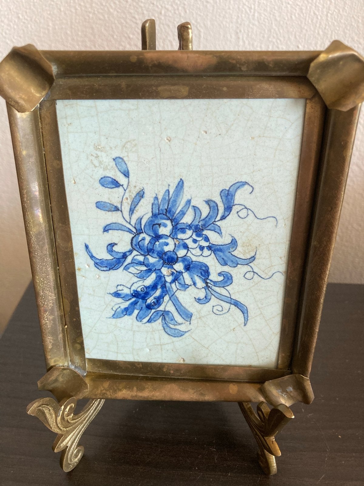 Antieke tegel in messing frame - asbak/decoratie, Ophalen of Verzenden