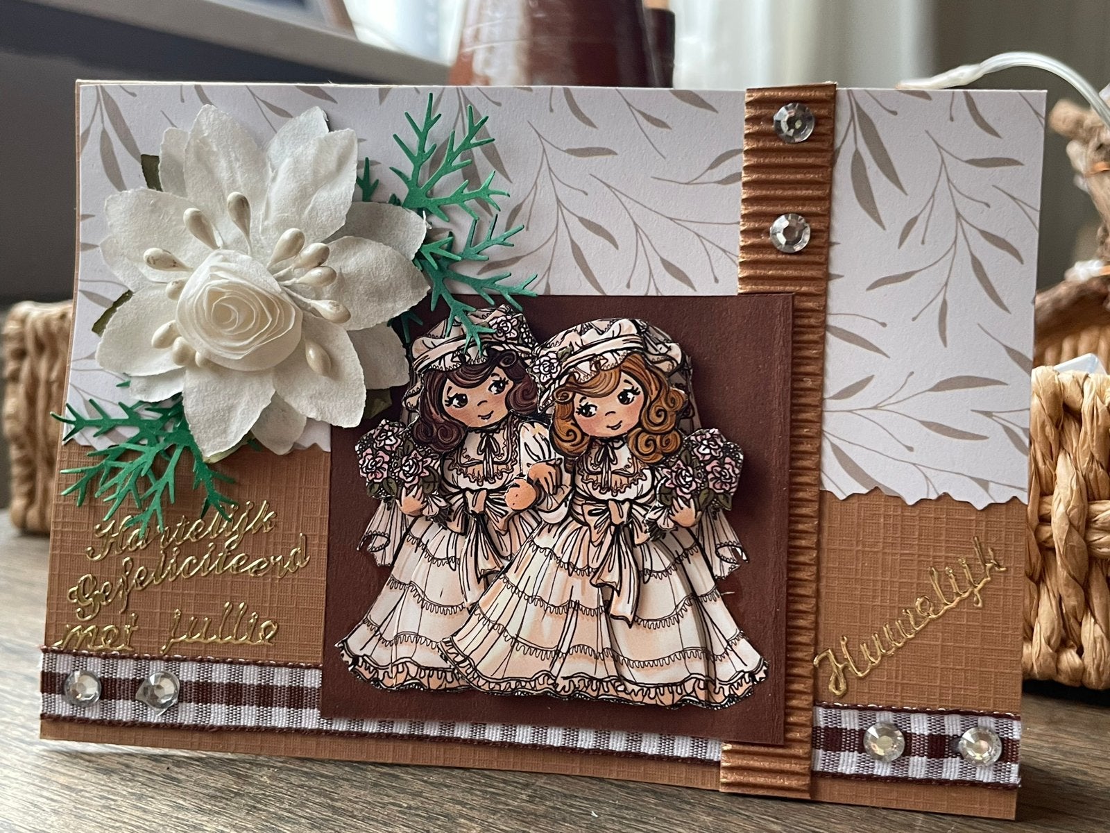 Handgemaakte felicitatiekaart met bruidspaar en bloemen, Hobby en Vrije tijd, Kaarten | Zelf maken, Verzenden, Nieuw, Overige thema's
