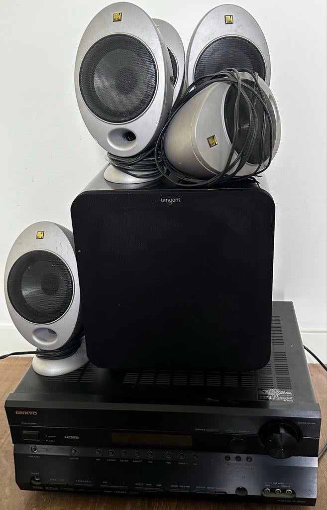 KEF & Onkyo 5.1 Surround Set - "Eitjes" + Subwoofer, Overige merken, Gebruikt, 70 watt of meer, Ophalen of Verzenden