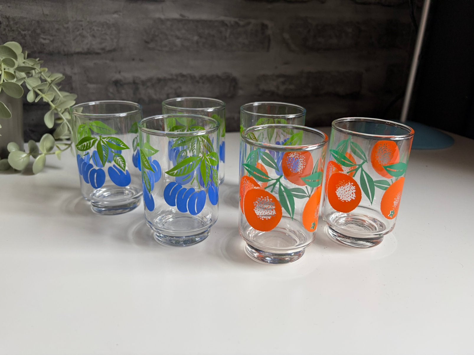 Set van 6 Vintage Limonadeglazen met Fruitprint (Jaren '70), Huis en Inrichting, Glas of Glazen, Ophalen of Verzenden, Overige stijlen