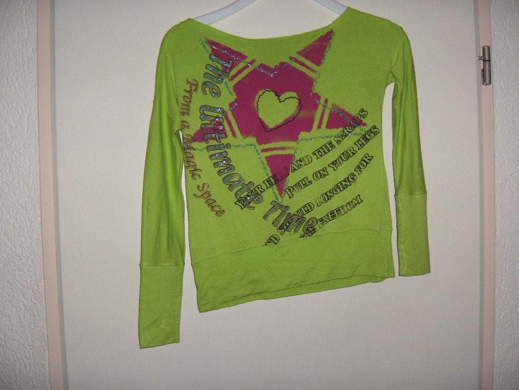 Goedkoop hip groen roze glitter stretch shirt mt 164 XS, Kinderen en Baby's, Gebruikt, Meisje, Ophalen of Verzenden, Shirt of Longsleeve