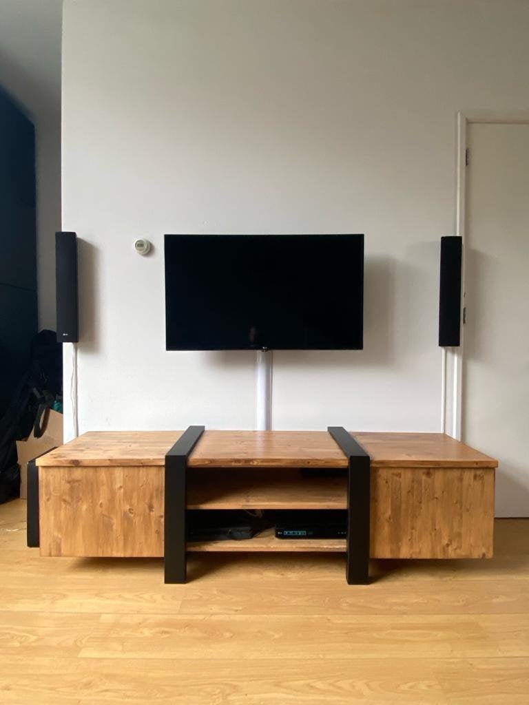 Robuust TV-meubel van hout en metaal, Gebruikt, 150 tot 200 cm, Minder dan 100 cm, Industrieel
