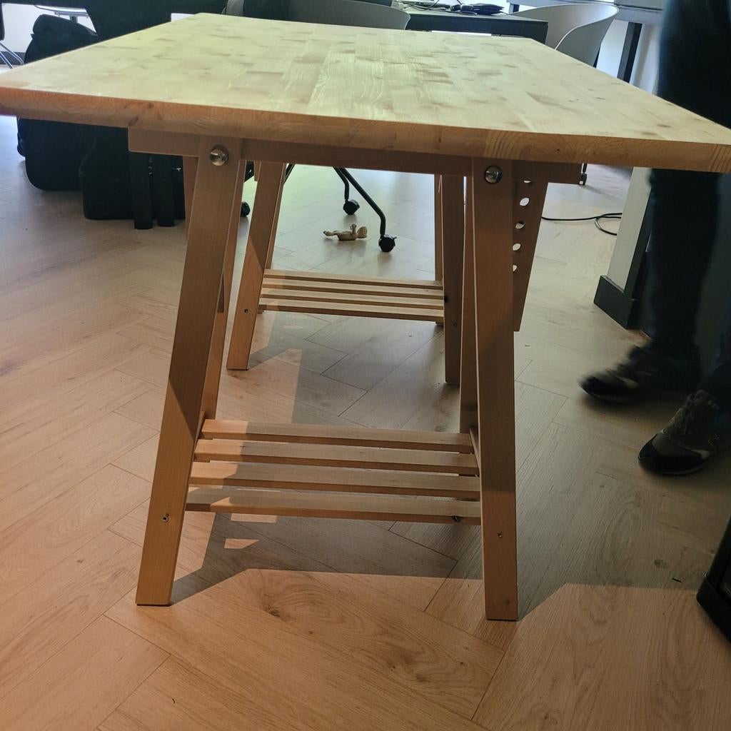 Houten werktafel / druktafel met verstelbare schragen, Ophalen, Gebruikt, 100 tot 150 cm, Modern, Scandinavisch, Industrieel