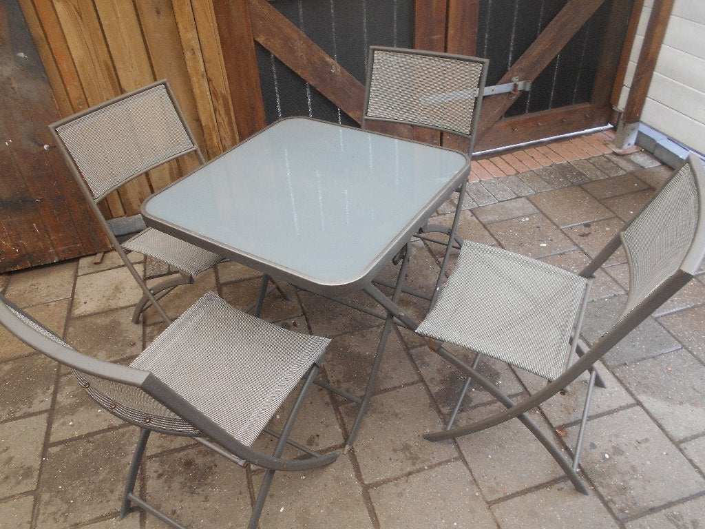 leuk inklapbaar tuin set 1 tafel 70x68cm 4 stoelen, Tuin en Terras, Ophalen, Gebruikt, Bijzettafel, Tuinset