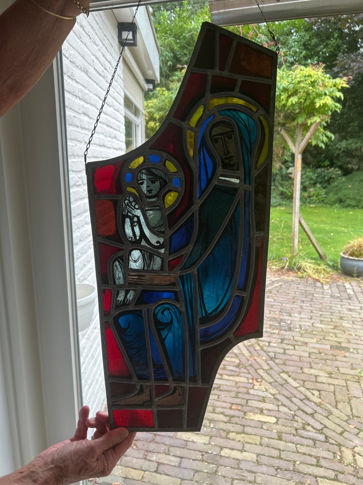 Glas in lood paneel: Maria met Kind, gesigneerd J., Ophalen of Verzenden