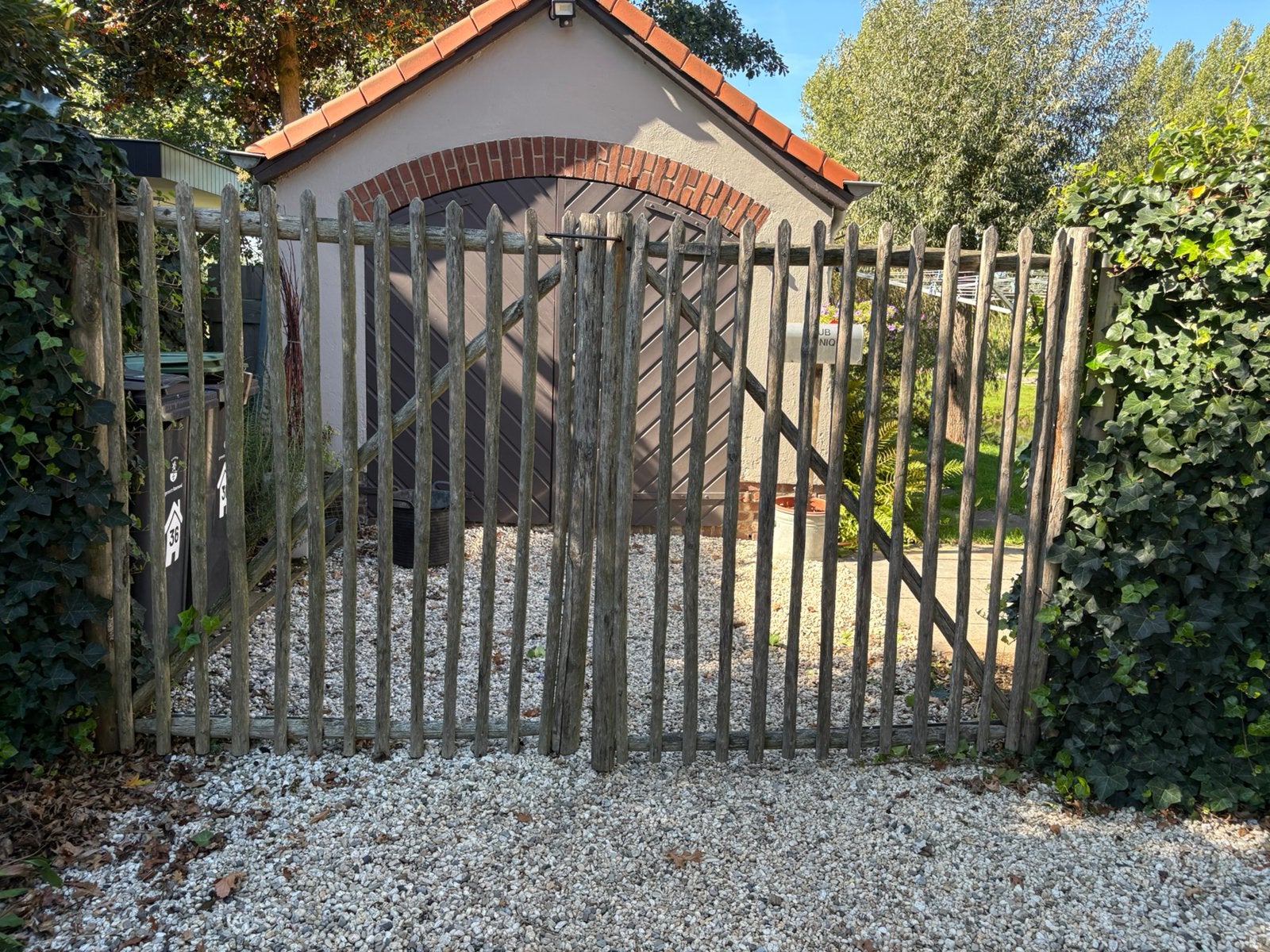 Dubbele Tuinpoort Kastanje hout, Ophalen, Gebruikt, Hout, Tuinhek