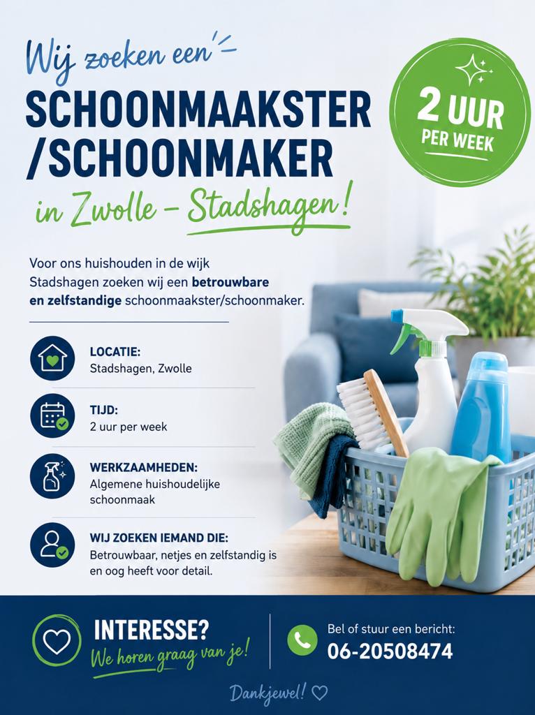Schoonmaakster/maker gezocht in Zwolle - Stadshagen, Overige niveaus, Overige vormen