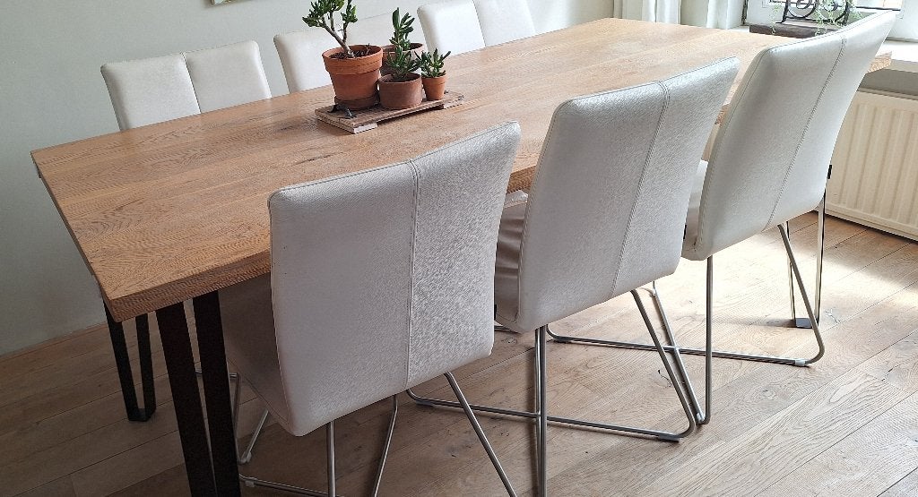6 prachtige wit lederen eetkamerstoelen, Huis en Inrichting, Stoelen, Ophalen, Wit, Zo goed als nieuw, Modern