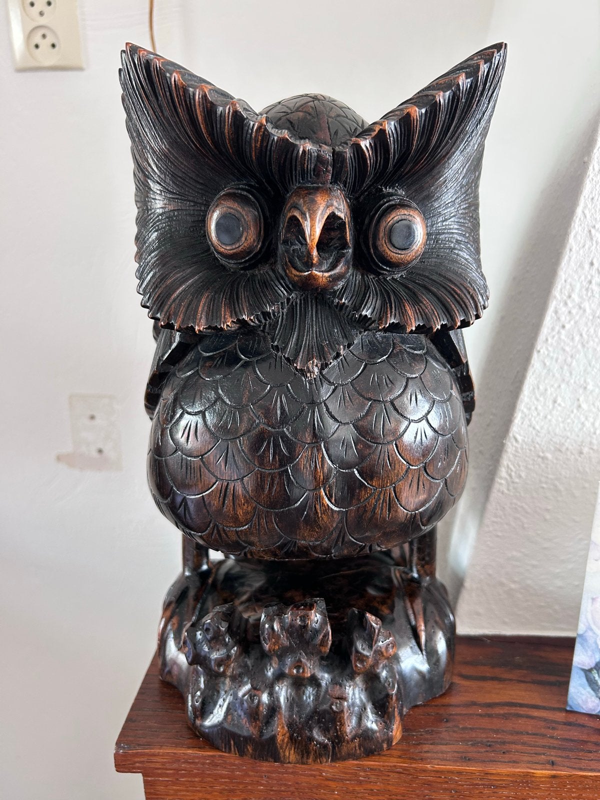 Unieke handgesneden houten uil sculptuur 33CM hoog, Ophalen of Verzenden, Handgemaakt, 20 - 50 cm, Beeld