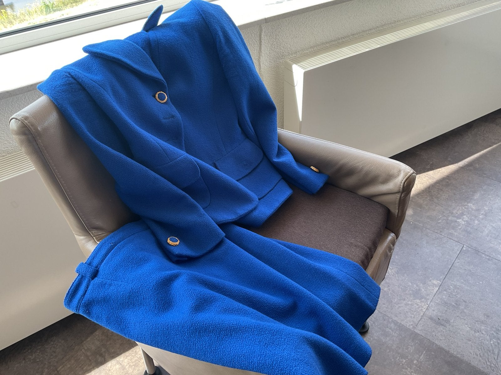Mantelpak merk Electre, Kostuum of Pak, Blauw, Ophalen of Verzenden, Maat 36 (S)