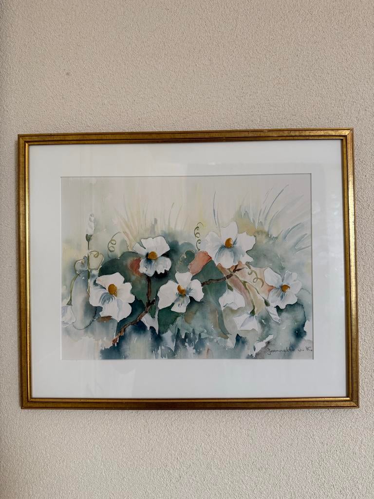 Aquarel van Jeannette v. Kampen - Witte Bloemen, Ophalen of Verzenden