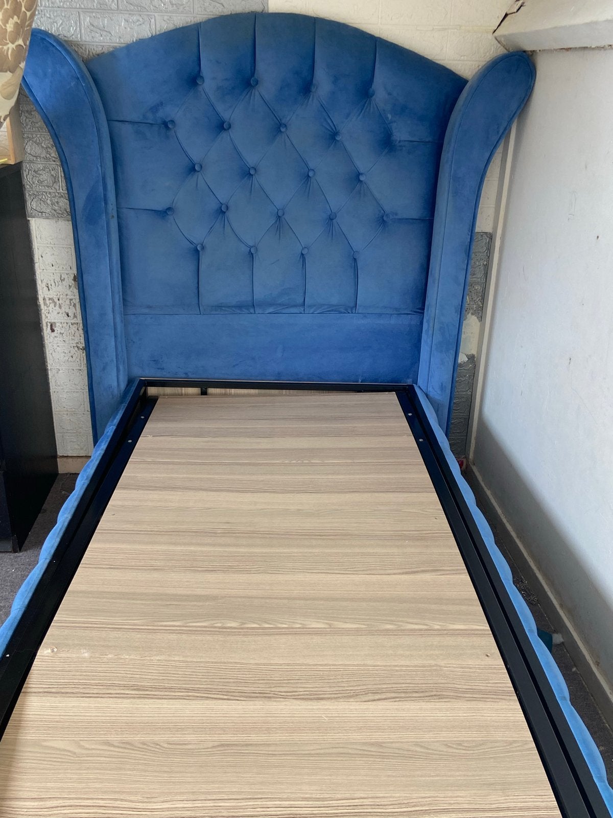 Blauw eenpersoonsbed met opbergruimte, Huis en Inrichting, Ophalen, Gebruikt, 90 cm, Eenpersoons