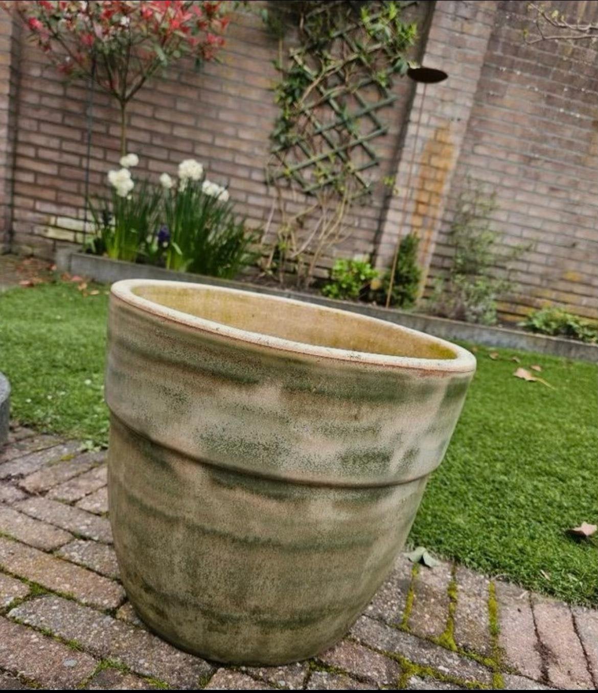 Prachtige vintage jaren'50 kwaliteit bloempot groen glazuur, Gebruikt, Rond, Minder dan 40 cm, Binnen