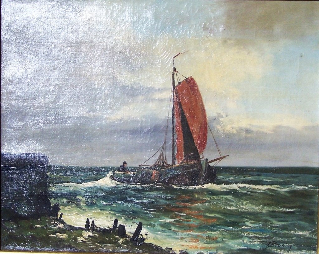 Botter op zee, Antiek en Kunst, Maritiem / water, Doek, Realistisch, Ophalen of Verzenden