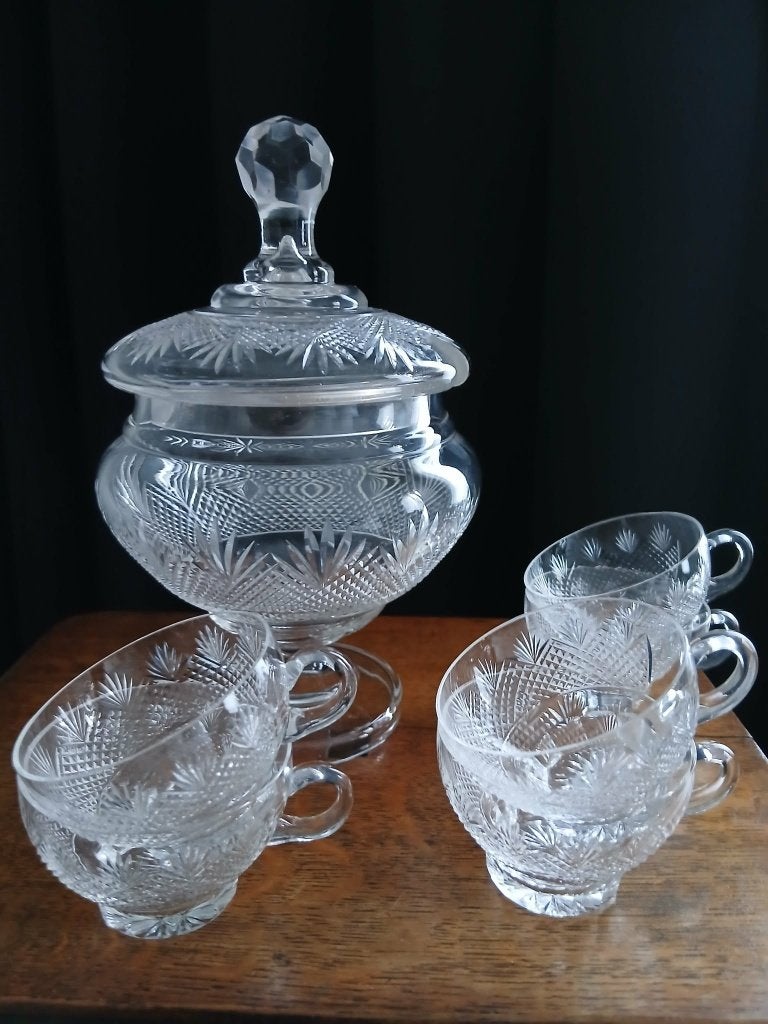 Schitterende Morrellenpot met Deksel en Zes kommetjes., Antiek en Kunst, Ophalen of Verzenden